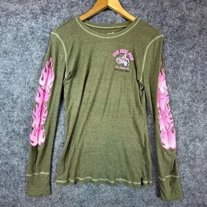 Roxy Thermal Shirt Womens XL Green The Hog Pen Biker Graphic Motorcycle Girl